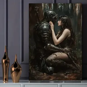 [2D Flat] 1pc Vintage Dark Fantasy Little Red Riding Hood & Black Wolf Canvas Art - Medieval Knight & Woman in Forest - Gothic Fairy Tale Wall Decor with Wood Frame wall decor Starter Home Décor, Witchy Home- for Living Room,  Annivers Decoration Artistic