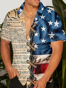 Constitution Flag Print Short Sleeve Button Shirt, Patriotic Design, Comfortable Fit, Perfect for Casual Wear & Daily Use