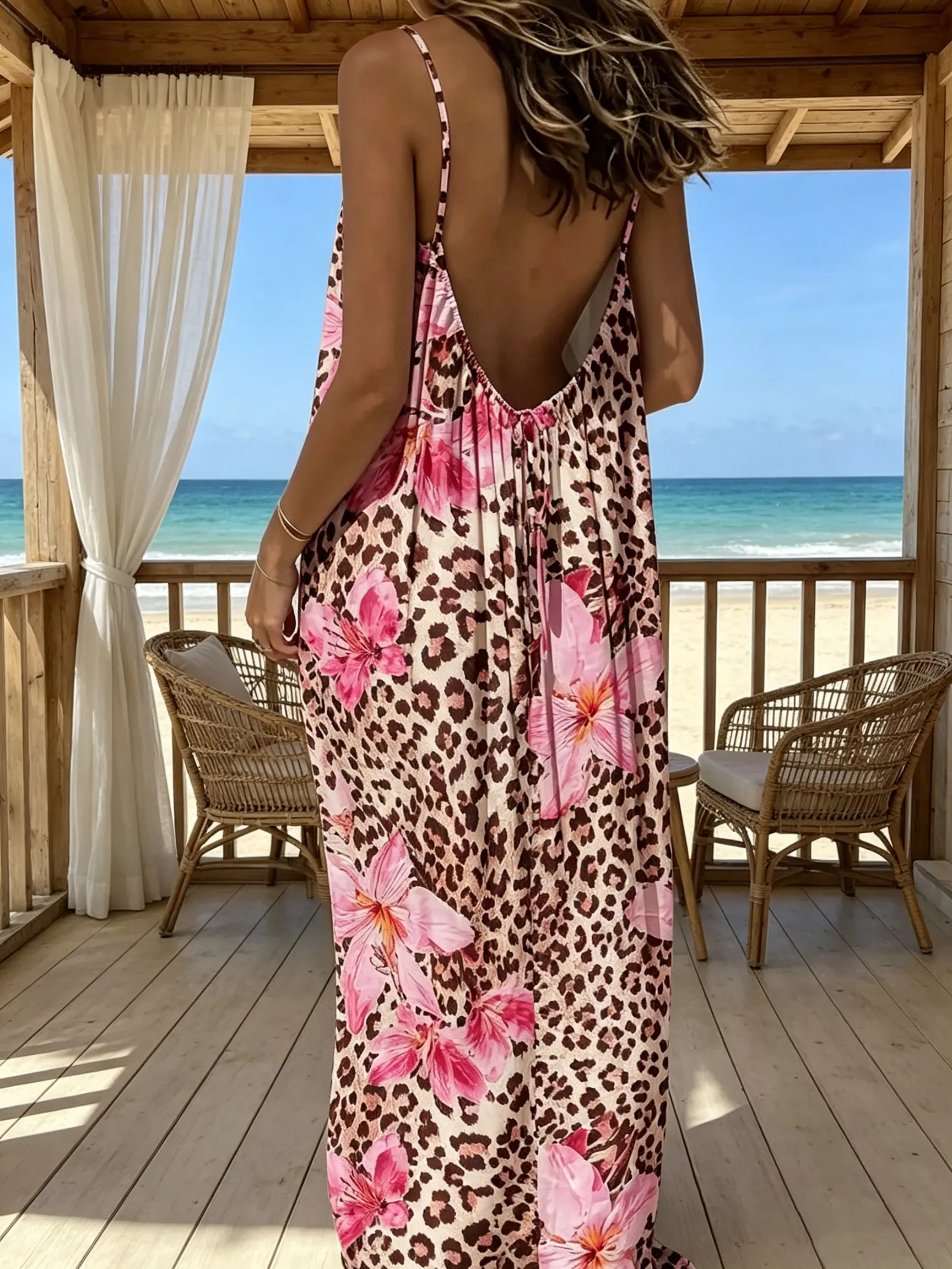 Womens Flirty Open Back Maxi Dress Spaghetti Strap Flowy Sundress Vibrant Printed Boho Chic Beach Cover Up Lightweight Casual Resort Wear Summer Vacation Outfit Loose Everyday Loungewear 2026 Tropical Getaway Fashion