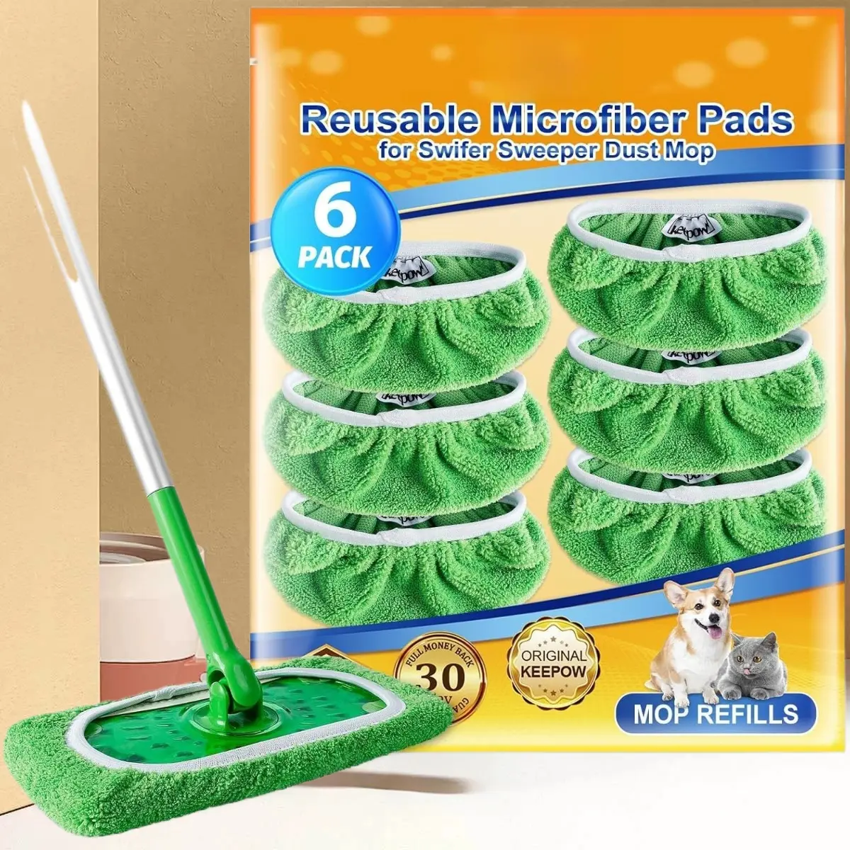 Swiffer Compatible Reusable  Pads – 6 Pack Wet & Dry Microfiber Refills| Hardwood Floor Cleaning| Washable, Money-Saving ( Sold Separately) Powermop Multi-Surface Pads  Replacement Pads Induction Slim Bathroom Trash Can duster refill no-wash mop budget