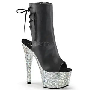 Pleaser BEJEWELED-1018DM-7 Black Faux Leather Ankle Boots With Silver Multi Rhinestone Platform