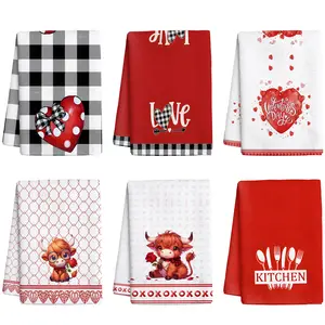 6pcs Valentine's Day Red Heart Plaid Tea Towels - 16"x24" Nylon/ Kitchen & Bathroom Towels Suitable for Valentine's Gifts, Hand Wash Only, Modern Holiday Dish Cloths
