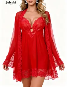 Jelsubi Plus Size Lace Chemise Lingerie Set - 2 Piece Sleepwear for Women, Comfortable Long Sleeve Homewear