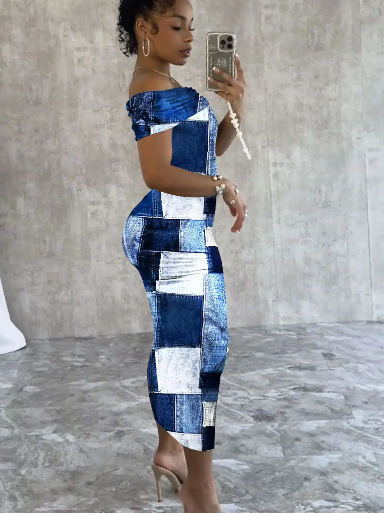 New European and American Women's Clothing, One-Shoulder Wrap Top, Denim Print Long Dress, Available for Sale Now, Casual Dresses