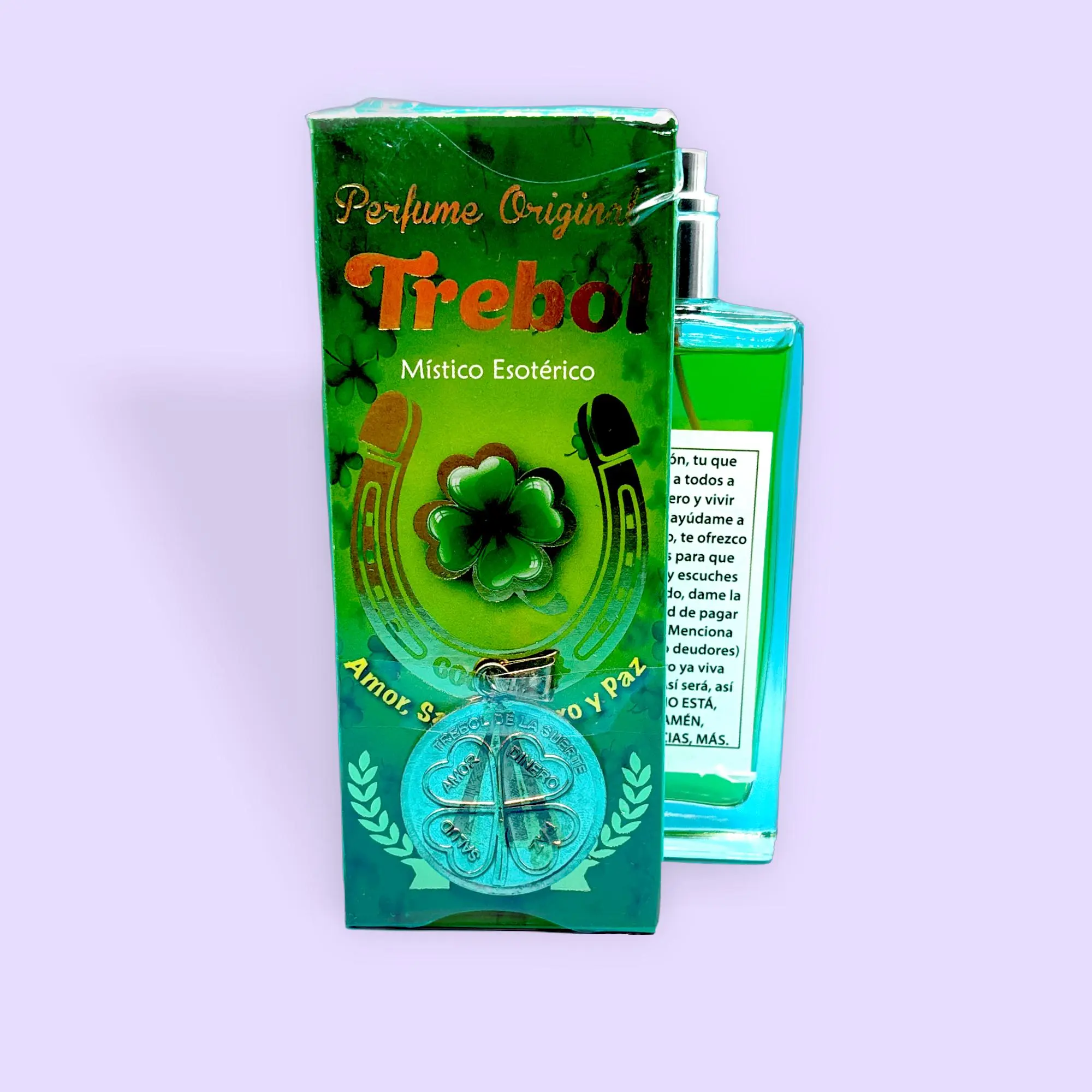 Trebol Clover Spiritual Perfume with Medallion, a Unisex Floral Scent for Good Luck and Positivity, Single Item, Floral Scent Perfume, Medallion Charm, Positivity Boost