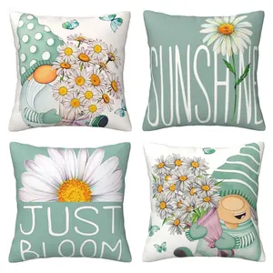 Light blue spring and summer pillow cover, daisy flower dwarf sunshine decoration cushion cover suitable for sofas, benches, terraces, 4-piece set with double-sided printing