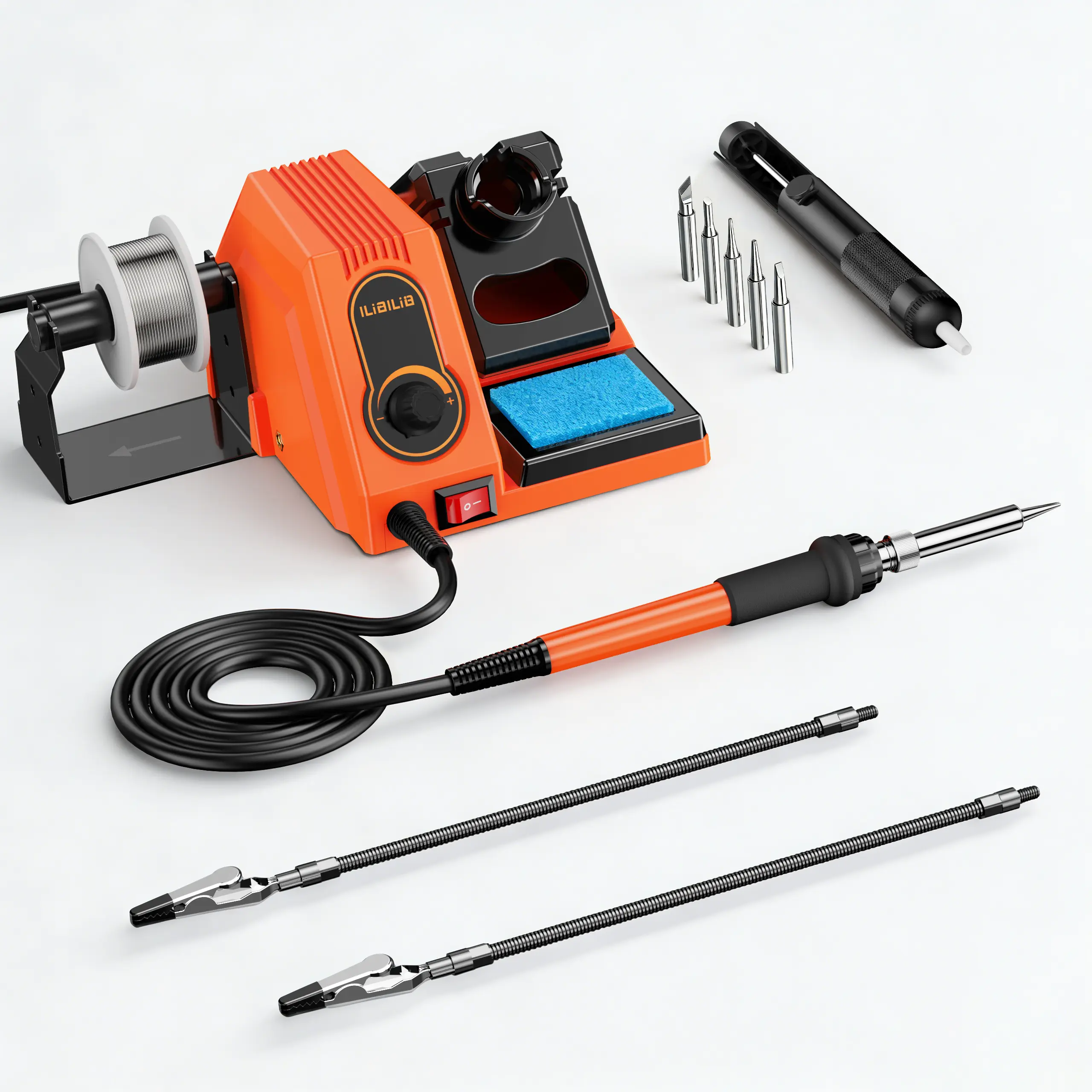 Flycity  926 III 60W LED Display Soldering Iron Station Kit w 2 Helping Hands, 6 Extra Iron Tips, Roll of Lead-Free Solder, Solder Sucker, S/S Tweezers, °C/OF Conversion, Auto Sleep & Calibration Support
