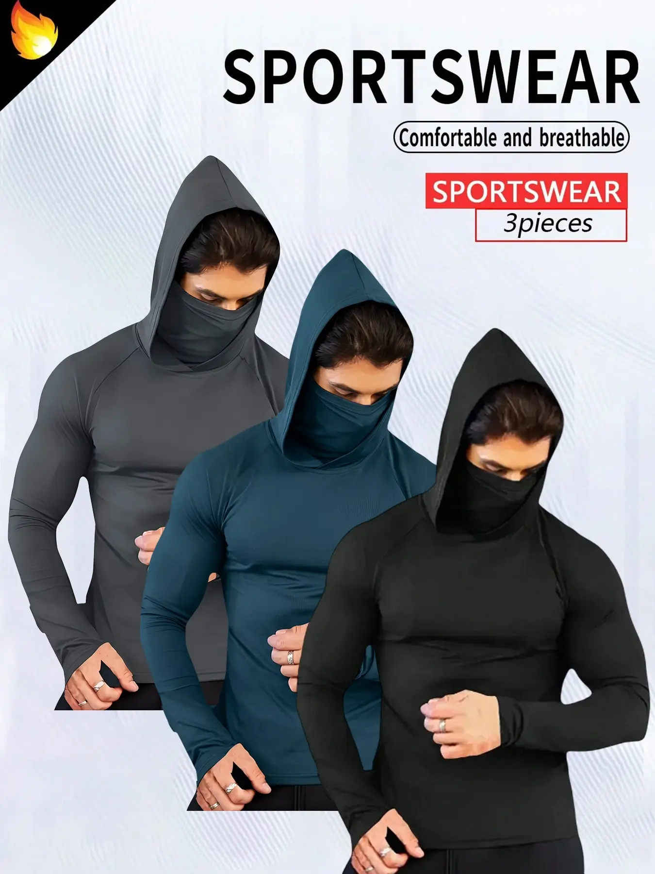 Men's Compression Hooded Workout Shirt 3 Pack, Compression Tops, Breathable Quick Dry Gym Tee, UV Protection Running Top with Face Cover for Sports, Training, Gym Sportswear #summeroutfits #menfashion