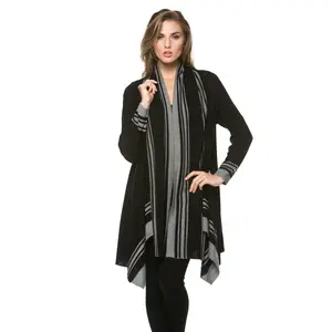 Women's Striped Knitted Draped Open Front Cardigan