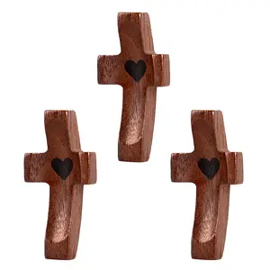 Cross My Heart 3pcs Olive Wood Pocket Cross - Religious Gift for Children & Adults, Ideal for Clutching, Clinging & Praying | Helps Relieve Anxiety, Perfect Encouragement Gift - Decor