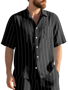 Men's Linen Jacquard Shirt, Vertical Striped Design, Button-Up Collar, Loose Fit, Breathable Casual Short Sleeve Top