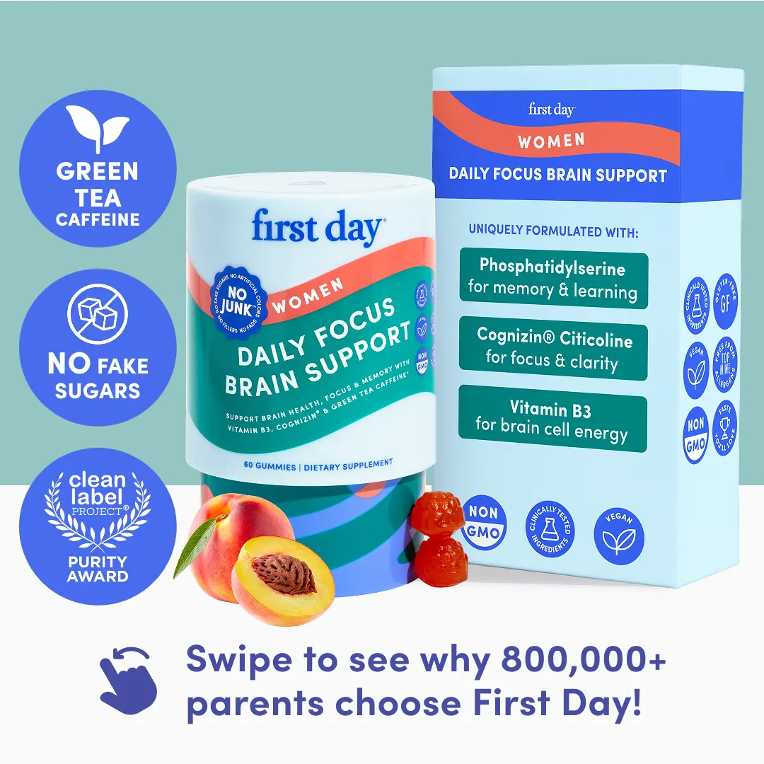 First Day Women's Focus Gummies 18+, Natural Peach Flavor — Cognizin Citicoline, Phosphatidylserine, Green Tea Caffeine, Vitamin B3 — Focus, Memory, Fight Brain Fog, Calm Energy — 30-Day Supply, Vegan, Non-GMO, No Junk