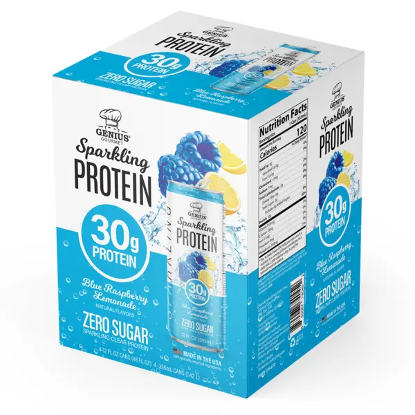 Genius Gourmet 30g Protein Sparkling Water, Blue Raspberry Lemonade Flavor, 12 fl oz Cans, 4-Pack - 0 Sugar, Refreshing Carbonated Drink