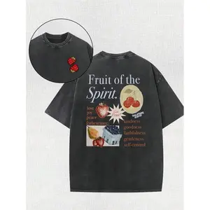 Fruit of the Holy Spirit Christian Faith Religious Print Vintage Washed T-Shirt 230g Vintage Street Style Simple Versatile Pure Cotton High-Quality Novel Fashion Spring Summer Men's Casual Round Neck Short Sleeve