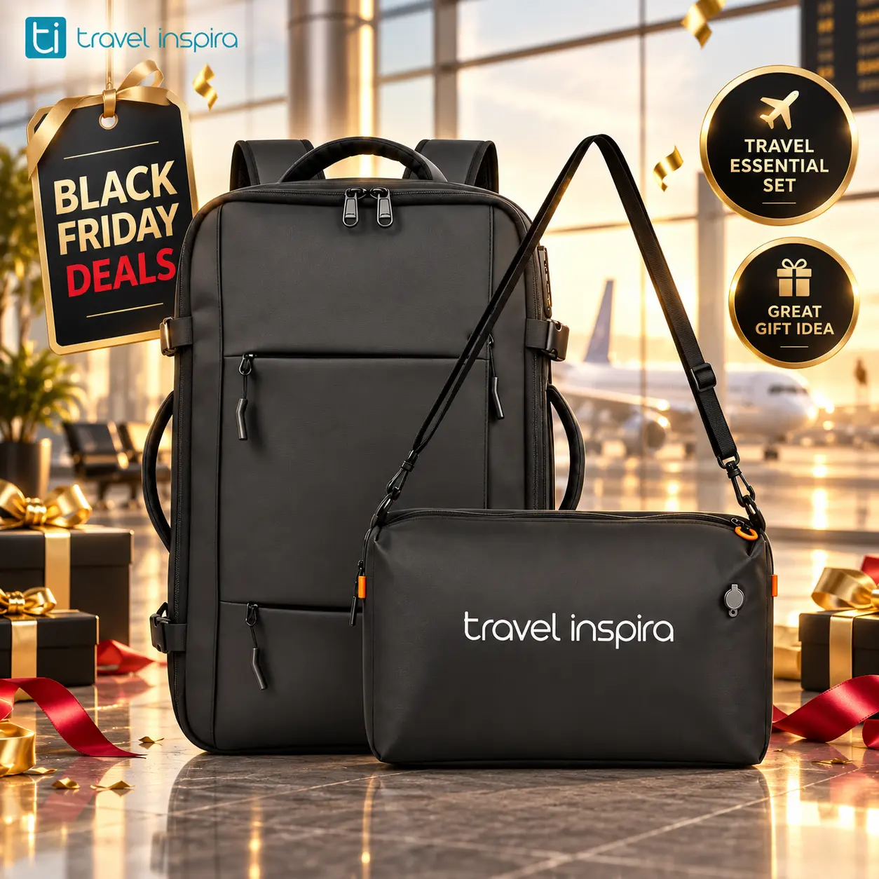 Travel Inspira 65L Vacuum Compression Travel Backpack Set with Electric Pump & Vacuum Bags, Expandable Carry-On, Anti-Theft Laptop Compartment