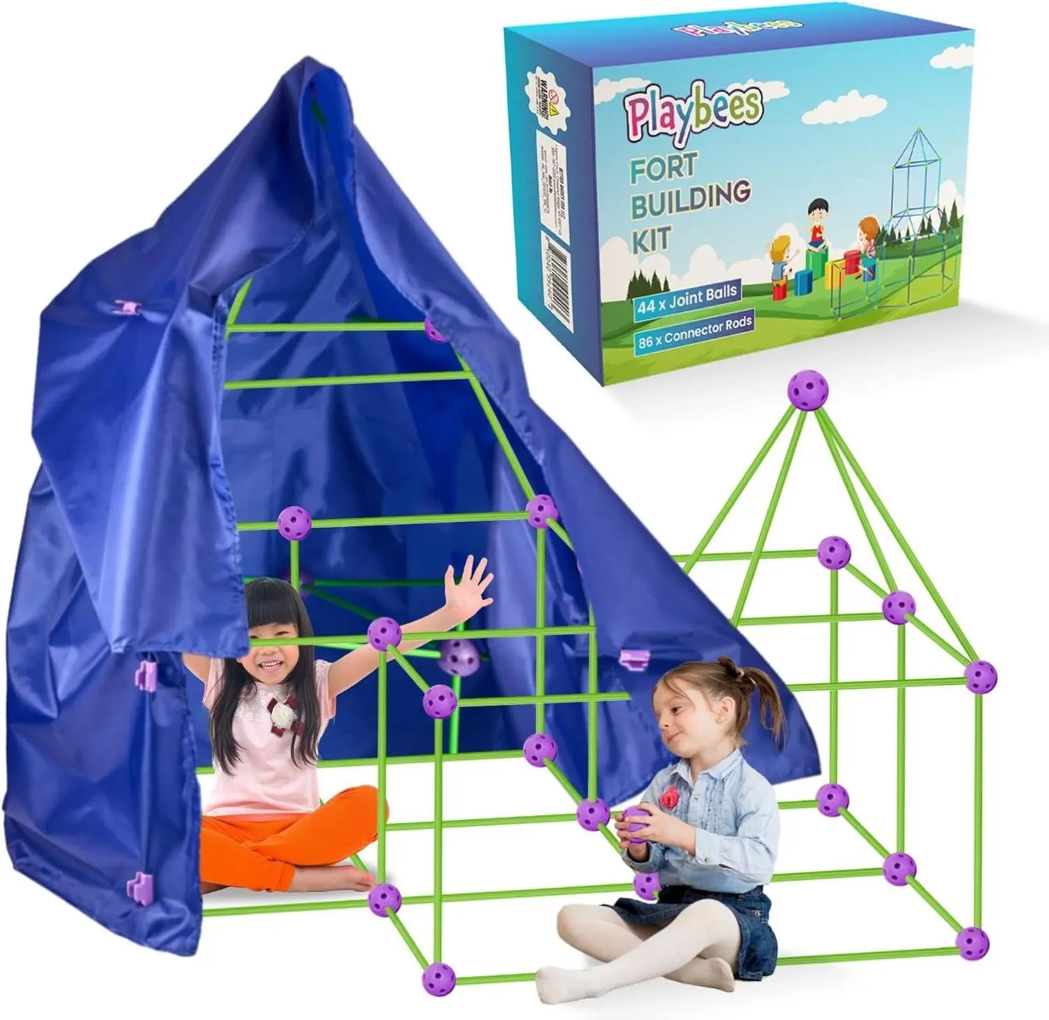 Fort Building Kit with Rods and Connectors- 145 Pieces - Ages 4-8, 8-12 STEM Building Toy, Construction Set for Kids, Indoor Outdoor Play Tent, DIY Castle, Birthday Gift