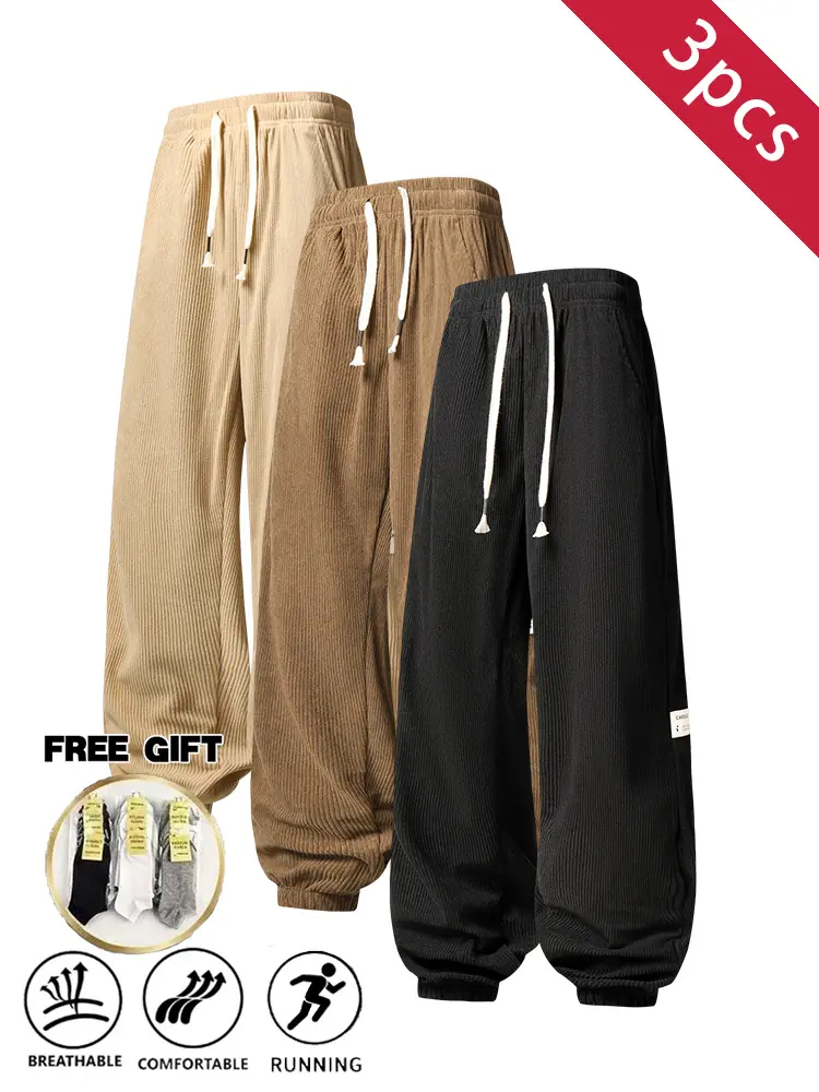 3PCS Men’s Vintage Corduroy Jogging Pants, elastic drawstring waist, rolled cuffs to ankle length, loose fit, side pocket design, includes socks, soft and breathable for comfortable running, casual pants suitable for all seasons