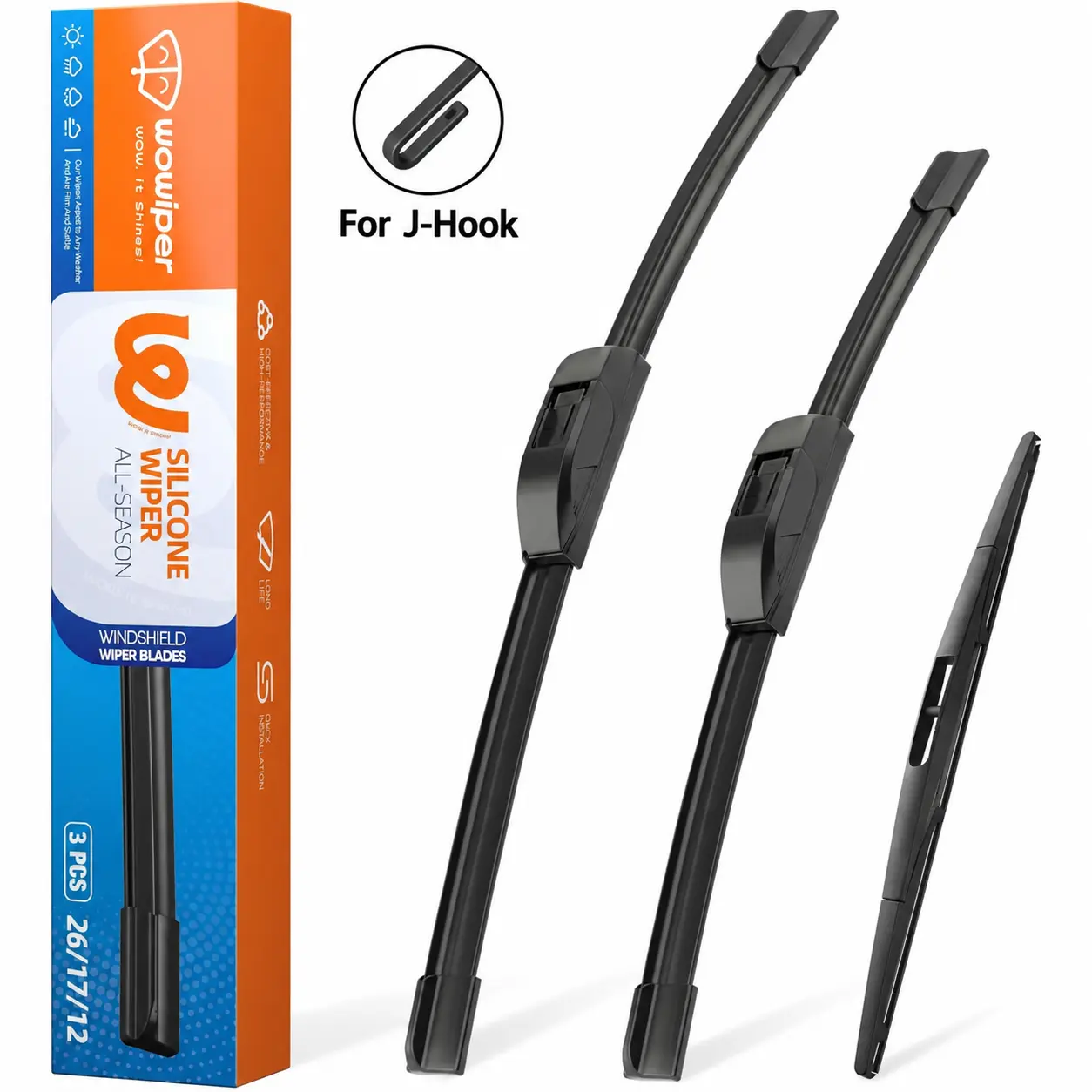 WOWIPER Silicone Windshield Wiper Blades 3-Pack, 2 Front 1 Rear Set, Specific Fit, Water-Repellent All-Weather Performance, Quiet Wipe, Streak-Free Wiping
