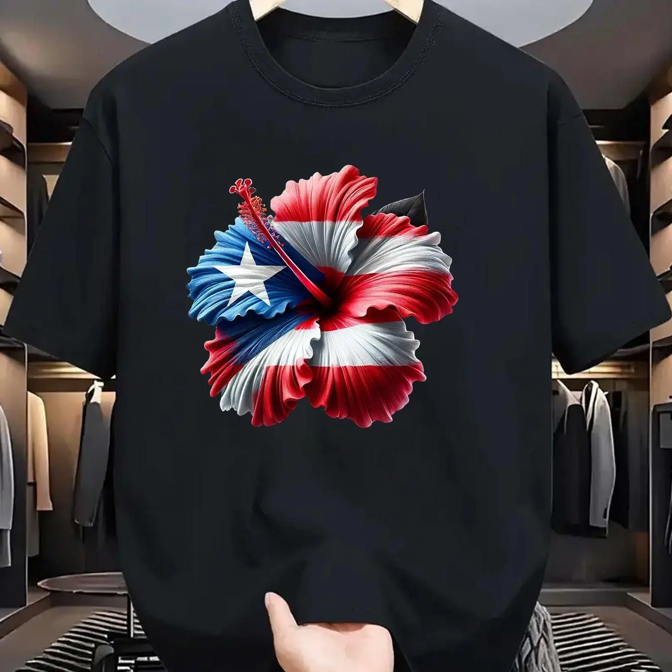 Black Graphic Tee with Puerto Rico Flag themed Hibiscus Design Unisex 100% Cotton Crew Neck Cultural Inspired Summer Outfit for Campus Hangouts