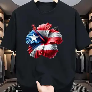 Black Graphic Tee with Puerto Rico Flag themed Hibiscus Design Unisex 100% Cotton Crew Neck Cultural Inspired Summer Outfit for Campus Hangouts