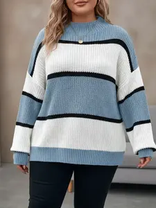 【Plus Size】 Colorblock Striped Print Drop Shoulder Knitwear Sweater Pullover, Casual Long Sleeve Round Neck Jumper for Fall & Winter, Women's Plus Clothing for Daily Wear Top