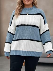 【plus size】 colorblock striped print drop shoulder sweater pullover, casual long sleeve round neck jumper for fall & winter, women's plus clothing for daily wear