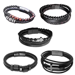 5-Piece Black Leather Bracelets Set for Men and Women, Adjustable Braided Cuff Wraps with Stainless Steel Accents, Vintage Wristband Jewelry