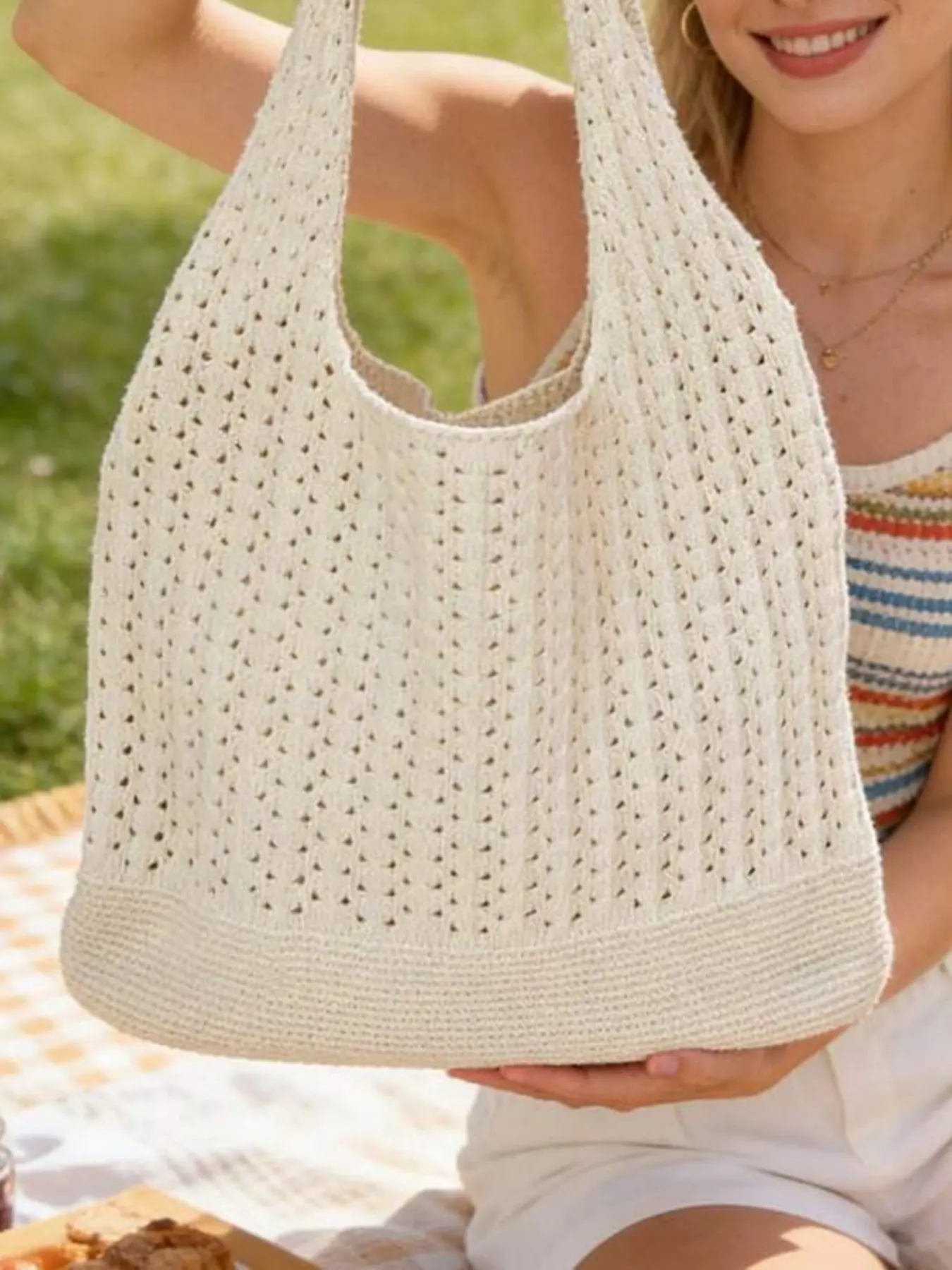 Vacation style casual versatile hollow woven Stylish Tote Bag, large capacity design, fashionable and simple style, solid color practical texture shoulder bag, can accommodate documents, tissues, and personal belongings, Summer Bags