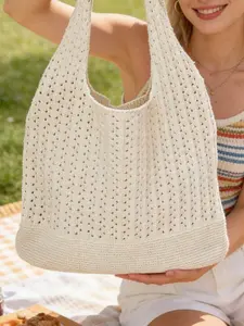 Vacation style casual versatile hollow woven Stylish Tote Bag, large capacity design, fashionable and simple style, solid color practical texture shoulder bag, can accommodate documents, tissues, and personal belongings, Summer Bags
