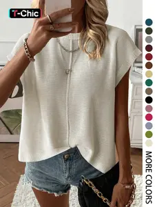 Spring Summer Elegant Versatile Knit Top, French Commute Casual Women's Round Neck Plain Hollow Out Loose T-Shirt