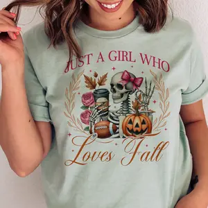 Fall Tee Skeleton Fall Tshirt Just a Girl who Loves Fall T-Shirt Pumpkin and Skull Fall Top Girly Skeleton Fall Tees Womens Fall Skeleton Top Just A Girl Who Loves Fall Pumpkin T-Shirt Casual Fall Top