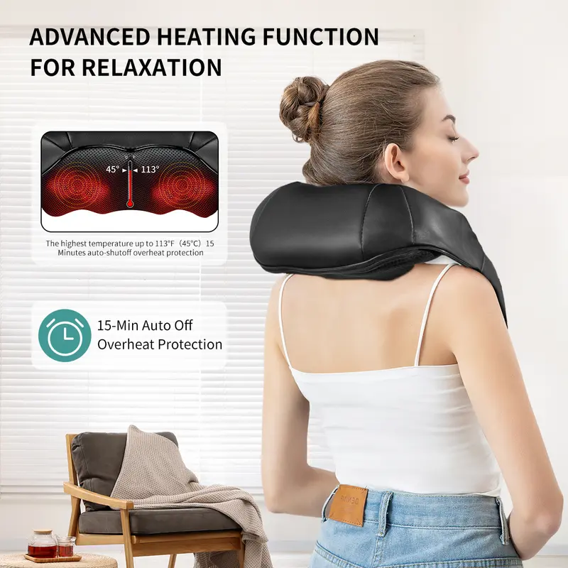 Shiatsu Neck and Back Massager with Soothing Heat, Ergonomic 8 Deep-Kneading Massage Nodes with Heat Electric Shiatsu Back Massager for Neck Shoulder & Body Muscle Relief Portable 12V DC Power Supply - Black 3