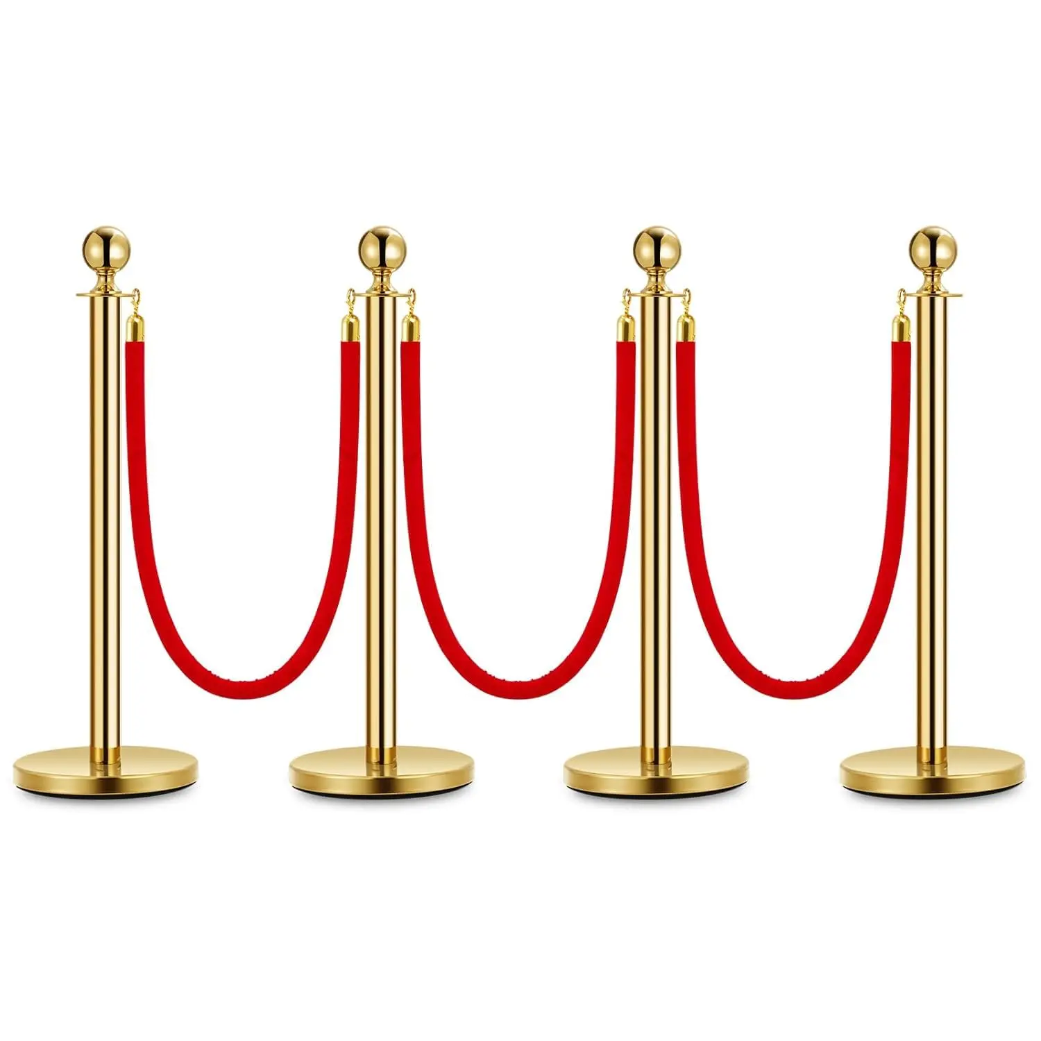 GARVEE Set of 4 Gold Stainless Steel Stanchion Posts with Hollow Bases, Featuring 5 FT Red Velvet Ropes for Safety Barriers and Carpet Runner, Ideal for Parties and Events