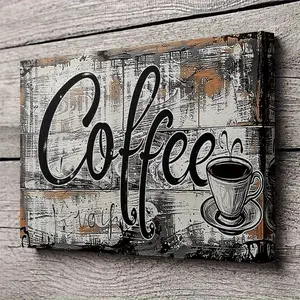 A Frame Canvas Painting - Vintage Farmhouse Coffee Sign with Coffee Cup Art - Beige/Gray/Black/White Retro Kitchen Decor - Recycled Wood Frame - Includes Easy-to-Hang Hooks - Large Wall Art (29.97x39.88cm or 39.88x59.94cm) - Coffee Enthusiast's New Home G