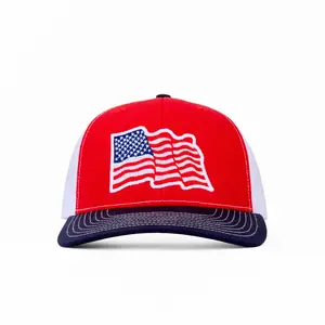 American Cap Club Waving Flag Snapback Trucker Cap Red White Blue, Flat Embroidery USA Crafted, 6-Panel Adjustable Hat, Patriotic Stars & Stripes Design, One Size Fits Most