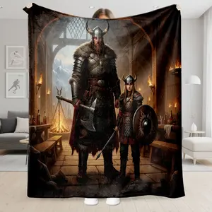 1pc Viking Warrior Father and Daughter Pattern Nordic Medieval Hall Background Horned Helmets Armor Axe and Shield Polar Mountains Flannel Sofa/Bedroom/Car/Travel Throw Blanket Flannel Air Conditioning