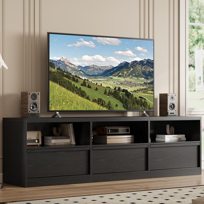 70" TV Stand for TVs up to 85" - Mid Century Modern Entertainment Center with Storage Drawer & Open Shelves, for Living Room & Bedroom, Black