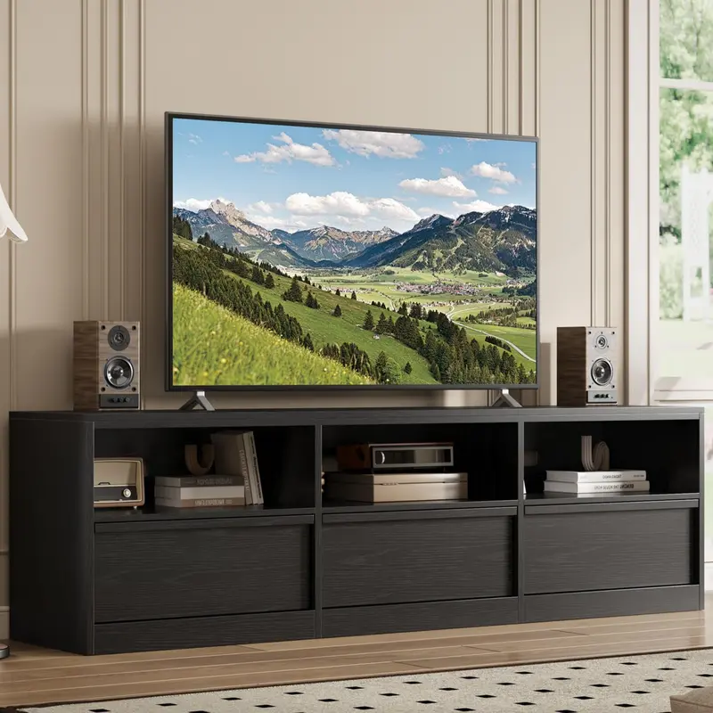 70" TV Stand for TVs up to 85" - Mid Century Modern Entertainment Center with Storage Drawer & Open Shelves, for Living Room & Bedroom, Black