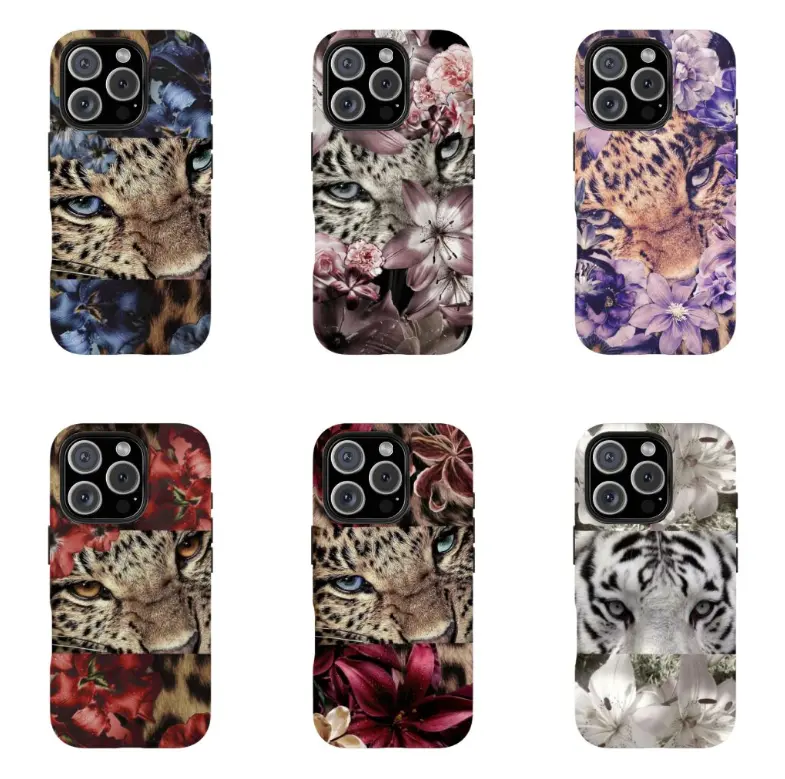 Blue Floral Leopard Cheetah Print Phone Case for iPhone 16, 15, 14 Pro Max - Dark Feminine Wildflower Animal Design