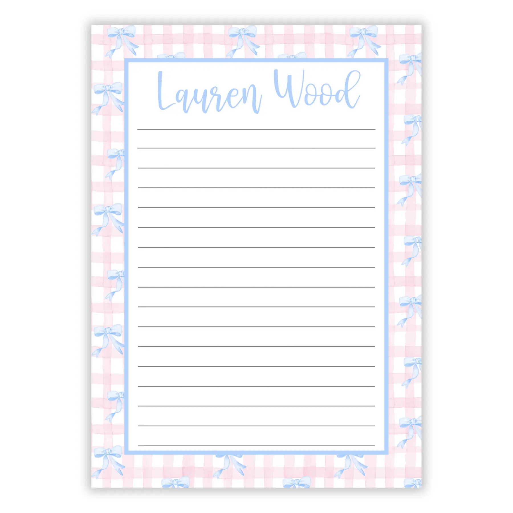 Pink Gingham Blue Bows Notepad