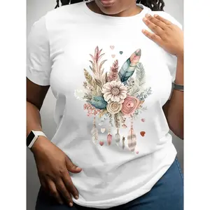 Plus Size Women's Floral Print T-Shirt - Soft Pastel Pink Blue Beige Flowers on Dark Grey, Round Neck Short Sleeve Casual Top, Breathable Fabric for Spring Summer, Machine Washable, Ladies T Shirts, Everyday Comfort Tee, Allseasons Apparel