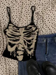 Attitoon Women Casual Skull Graphic Sexy Camisole Slim Fit Tank Top, Suitable For Summer Back To School