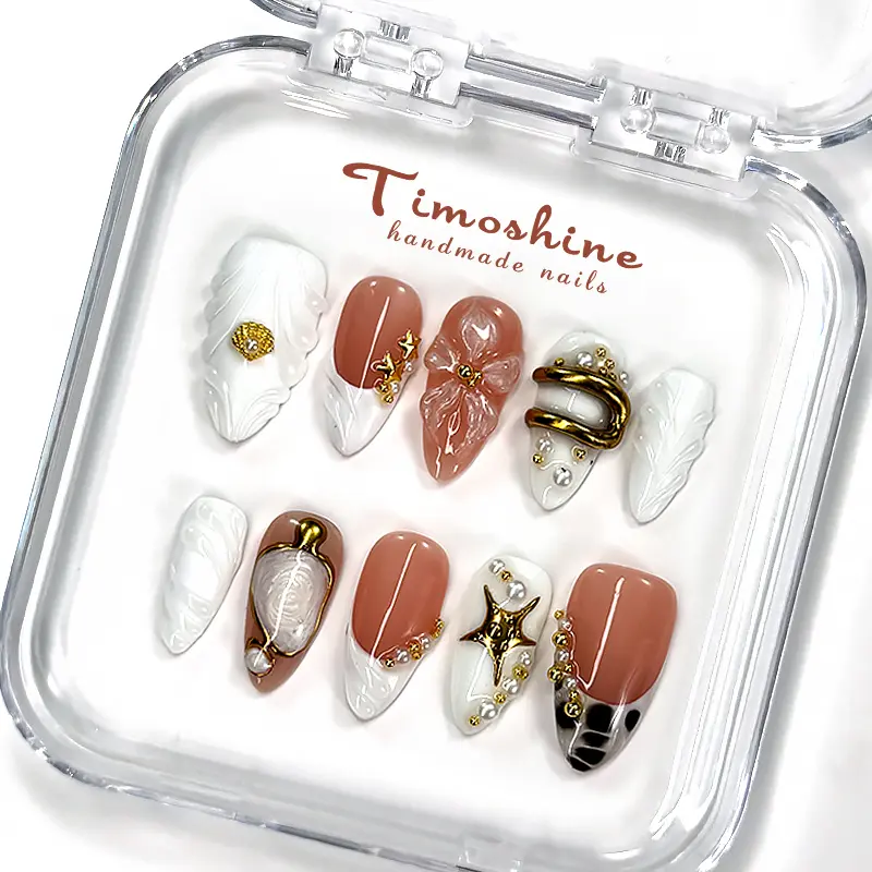 Timoshine | AEGEAN GOLD COAST 10PCS Random Style Handmade Press-On Nails REUSABLE 3D Gel fake nails acrylic press nails
