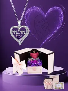 Apple Shape Rose Jewelry Gift Box With Love Heart Mom Pendant Necklace, Anniversary Birthday Jewelry First Mom Gifts for Women Wife, Mother's Day Jewelry Gift for Mom Heart Design Necklace