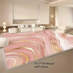 Luxurious Geometric Pattern Velvet Rug - Soft Pink And Gold Marble Design, Machine Washable, Lightweight - Suitable For Living Room, Bedroom, Or Office Decoration