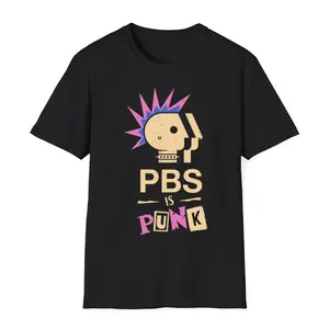 PBS Is Punk Shirt, Funny Punk Rock Parody Tee with Spiky Hair & Safety Pins, Public Broadcasting Defender Shirt for Rebels