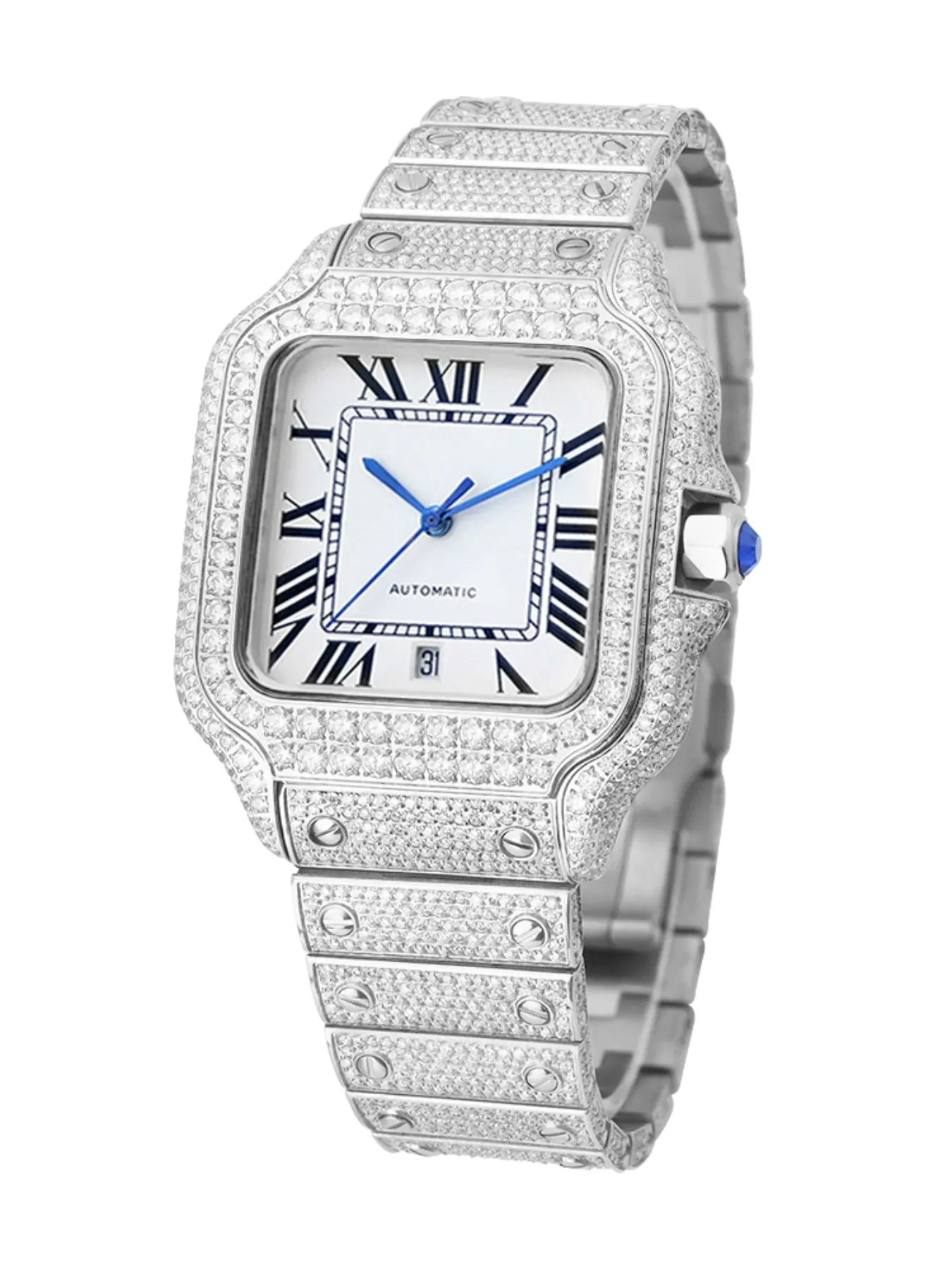 Luxury Fashion Watch with Moissanite Automatic Mechanical Movement, Stainless Steel Band, Analog Display, Square Gemstone Design, Elegant Square Dial, Analog Mechanical Watches