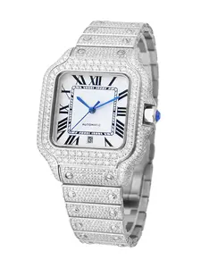 Luxury Fashion Watch with Moissanite Automatic Mechanical Movement, Stainless Steel Band, Analog Display, Square Gemstone Design, Elegant Square Dial
