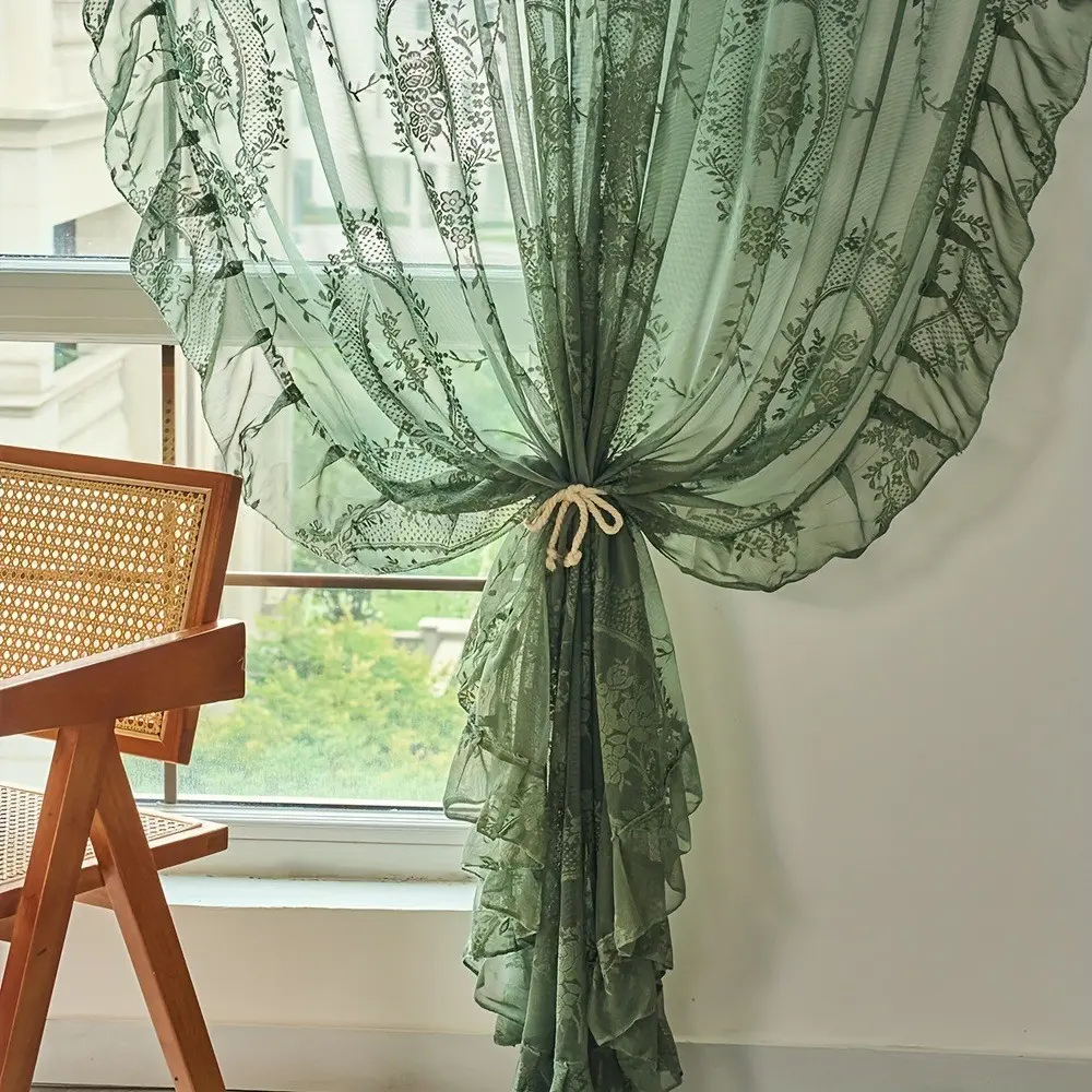 New Round Mirror Flower Half Light French Country Lace Sheer Curtain, Room Decor Curtain, Home Decoration Curtain, Bedroom Living Room Window Drapes, Balcony Curtains, Home Textile