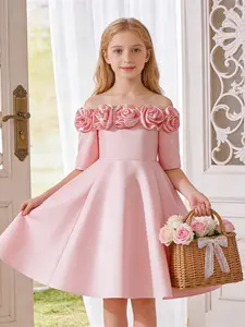 Girls Sling 3D Floral Ball Gown Baptism Birthday Prom Party Elegant Wedding Princess Dress Host Performance Evening Costume Solid Color Dress